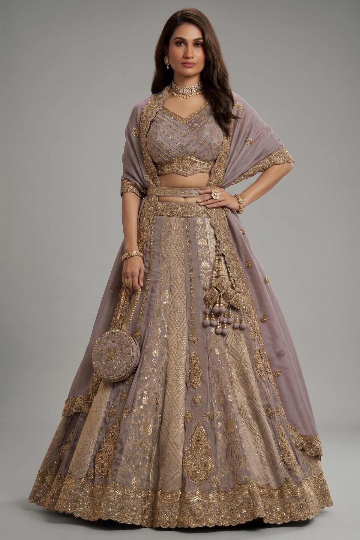 Mauve Banarasi Silk Swarovski & Stone Embroidered Lehenga Choli