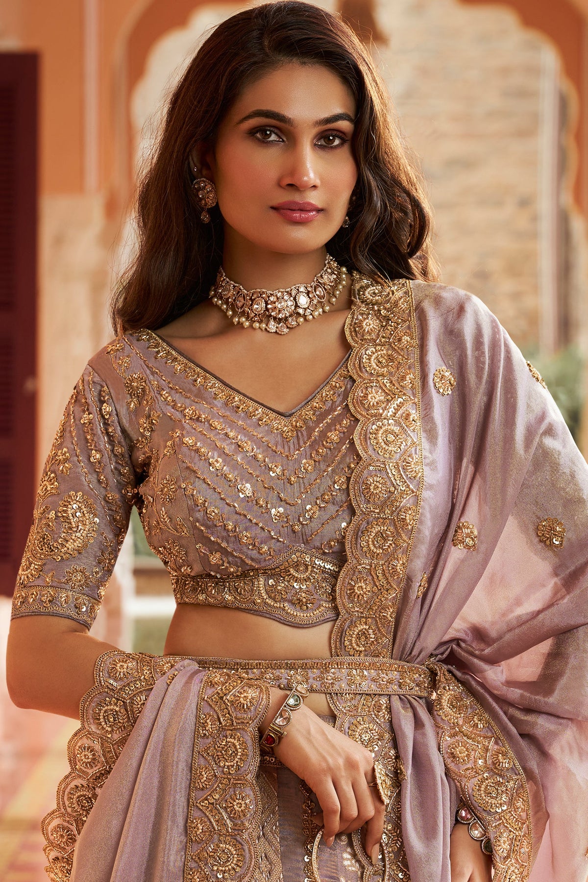 Mauve Banarasi Silk Swarovski & Stone Embroidered Lehenga Choli