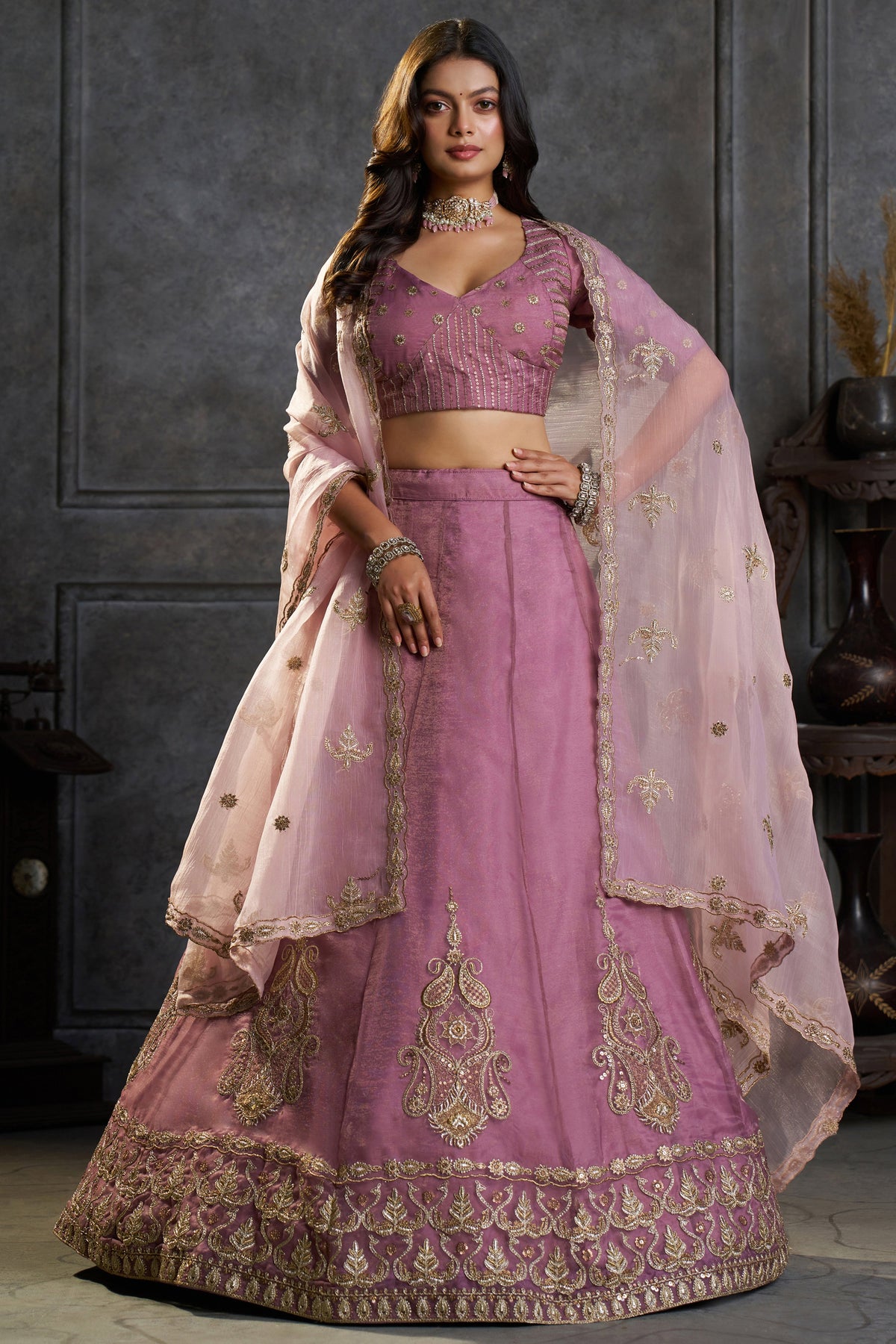 Soft Lilac Organza Lehenga Choli with Embroidery