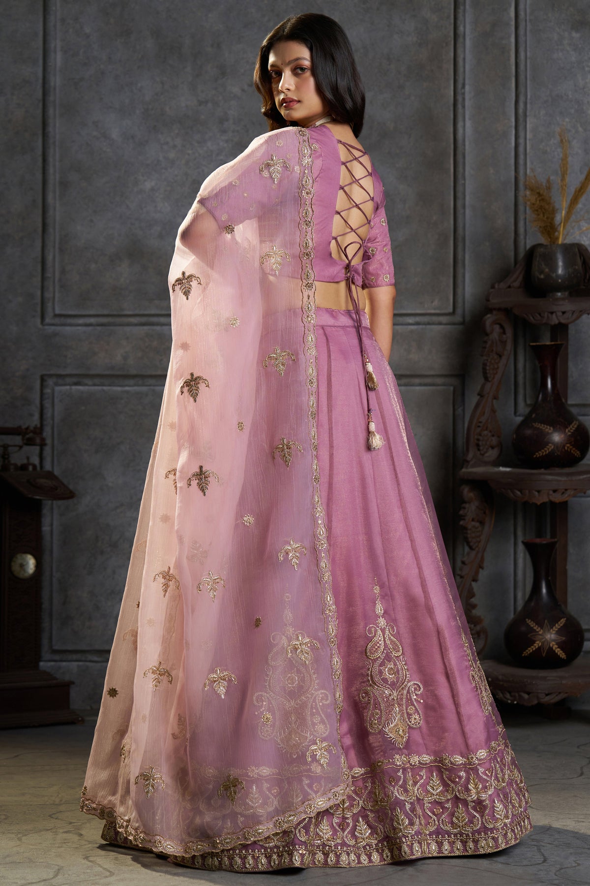 Soft Lilac Organza Lehenga Choli with Embroidery