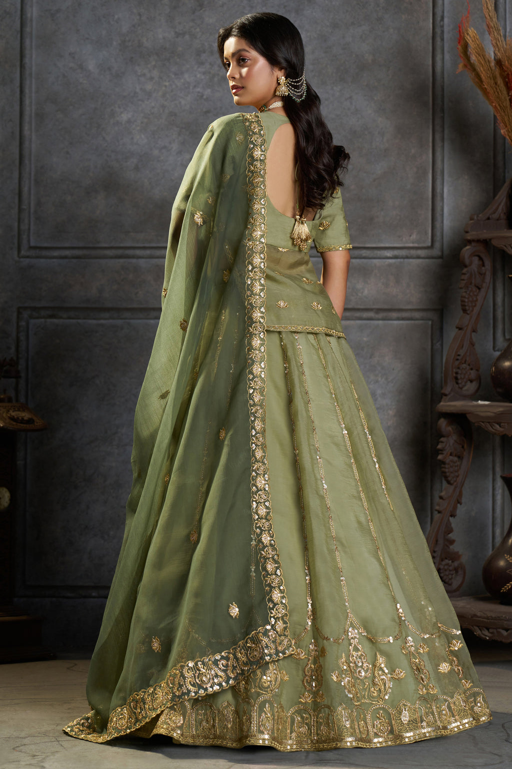Green Organza Embroidered Lehenga Choli