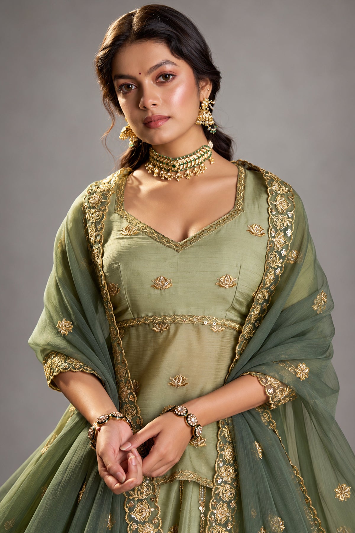 Green Organza Embroidered Lehenga Choli
