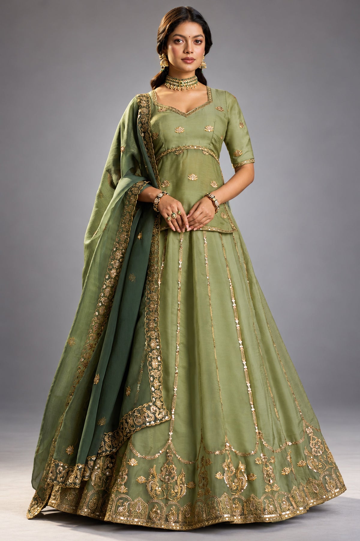 Green Organza Embroidered Lehenga Choli