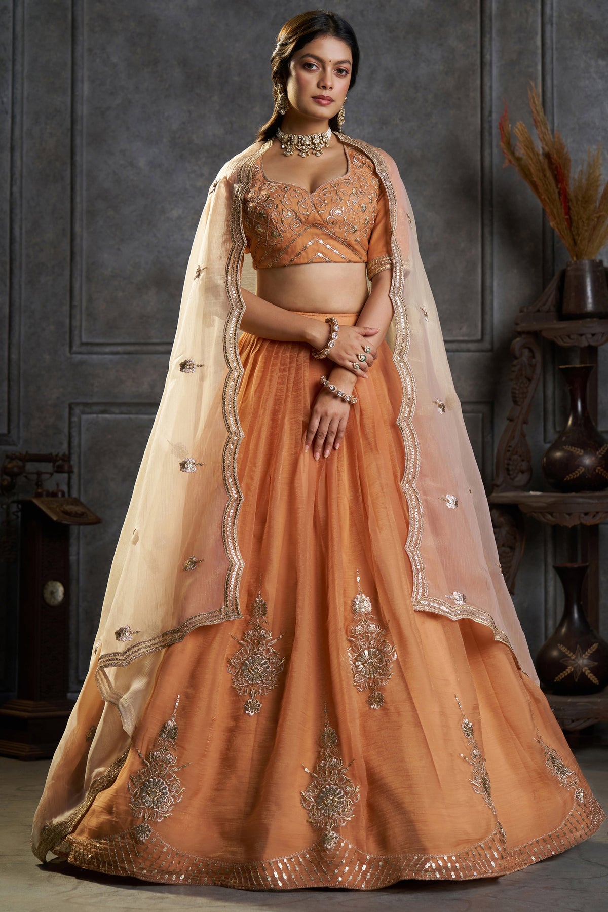 Rust Orange Organza Embroidered Lehenga Choli