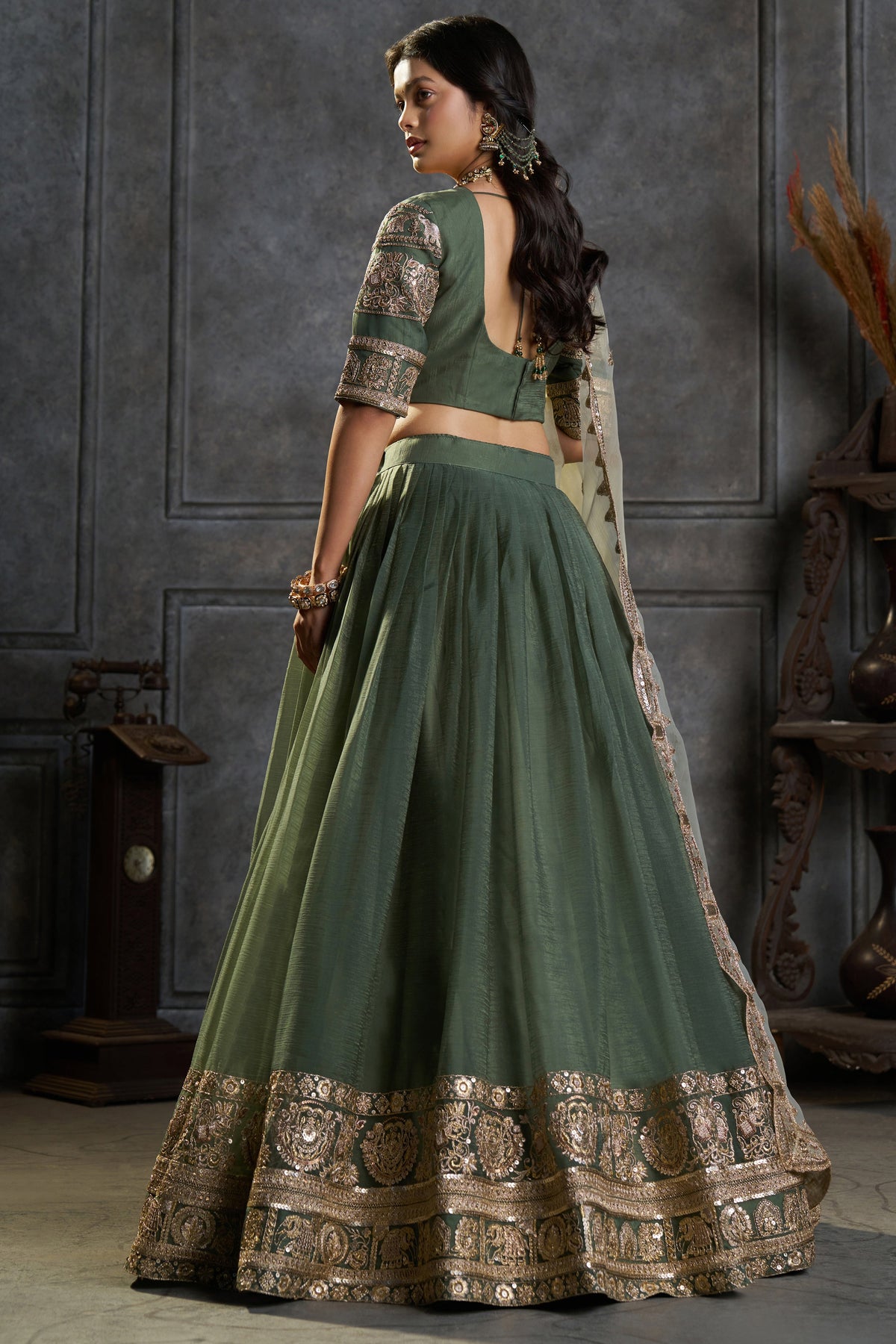 Dark Green Organza Heavy Embroidered Lehenga Choli