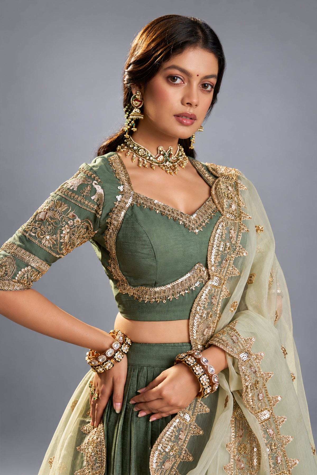 Dark Green Organza Heavy Embroidered Lehenga Choli