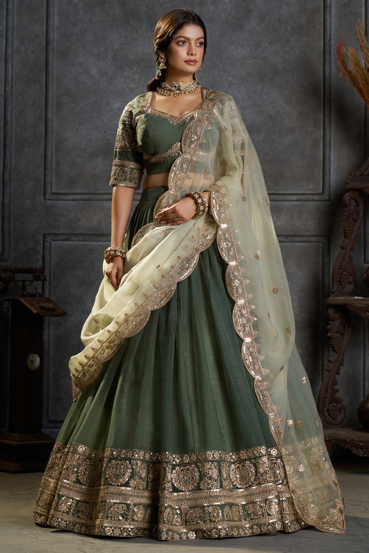 Dark Green Organza Heavy Embroidered Lehenga Choli