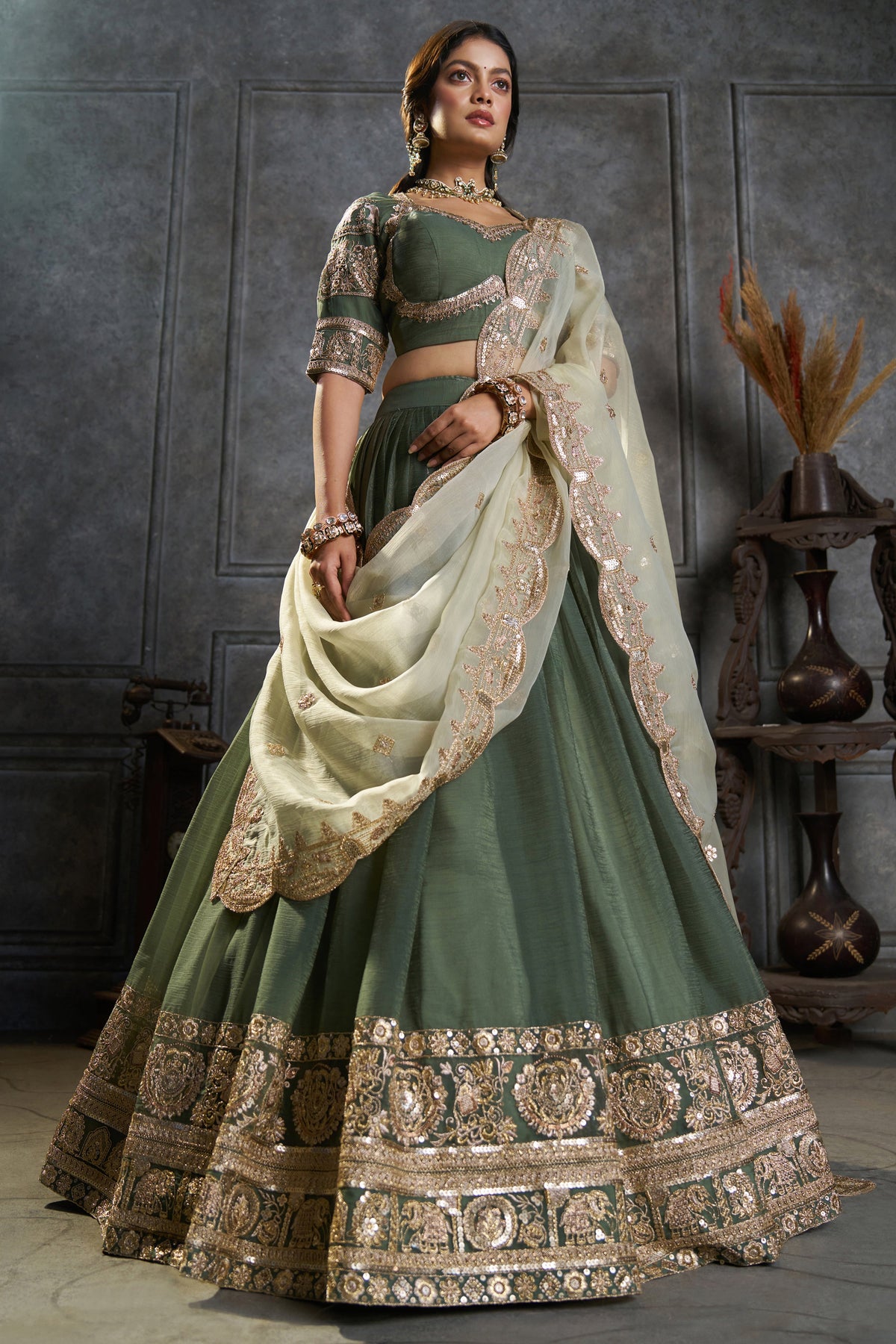 Dark Green Organza Heavy Embroidered Lehenga Choli