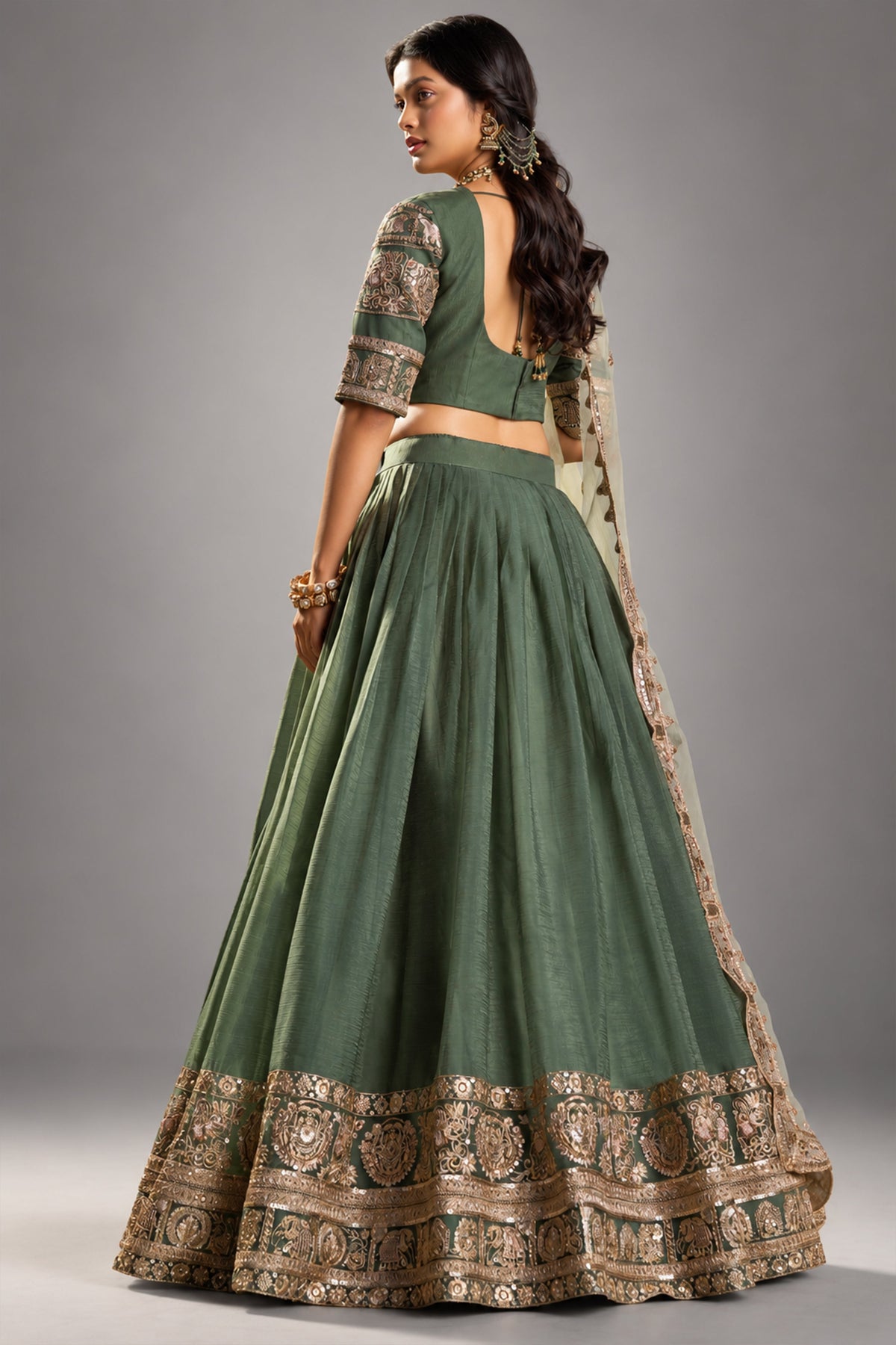 Dark Green Organza Heavy Embroidered Lehenga Choli