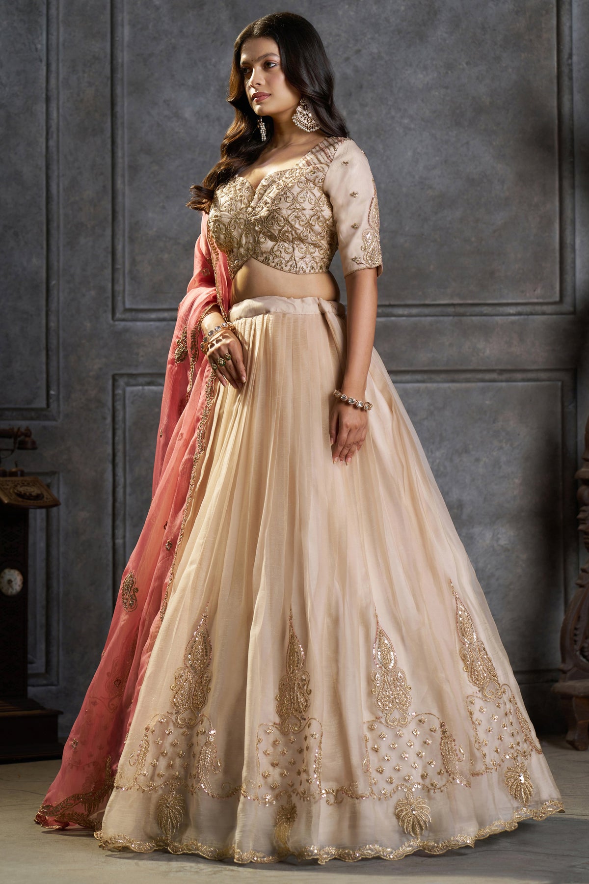 Ivory Organza Embroidered Lehenga Choli