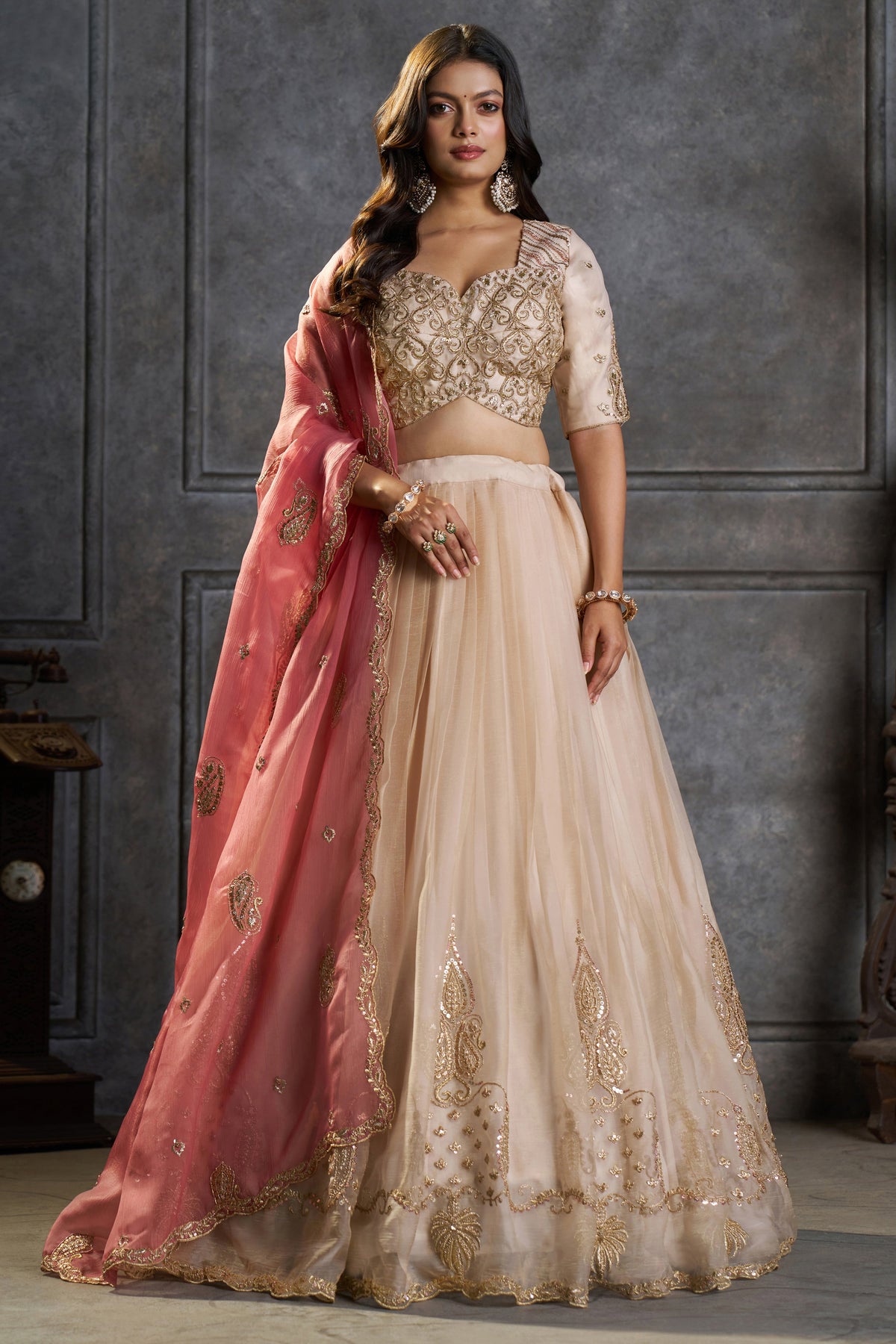 Ivory Organza Embroidered Lehenga Choli