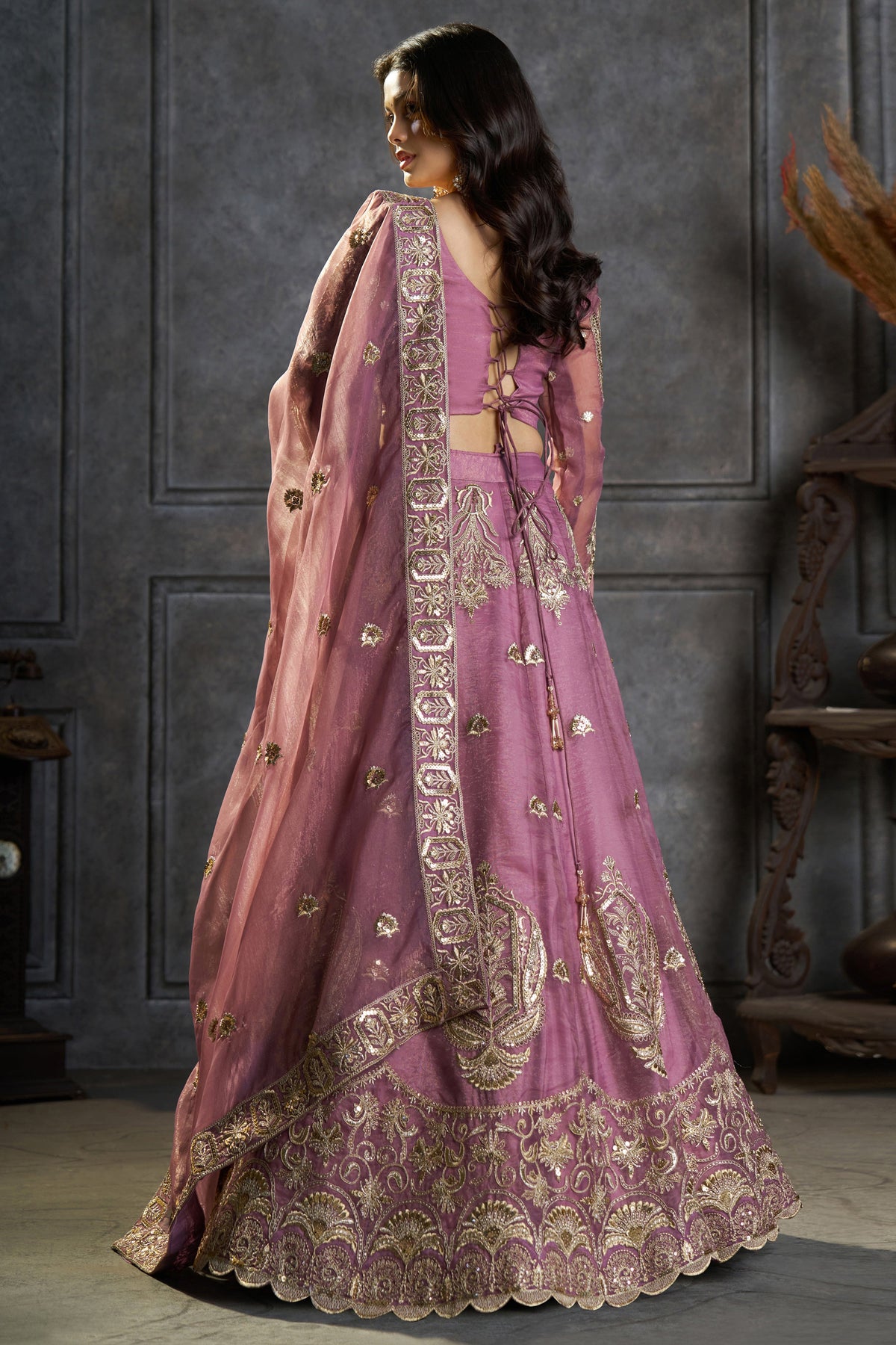 Deep Lilac Organza All-Over Embroidered Lehenga Choli