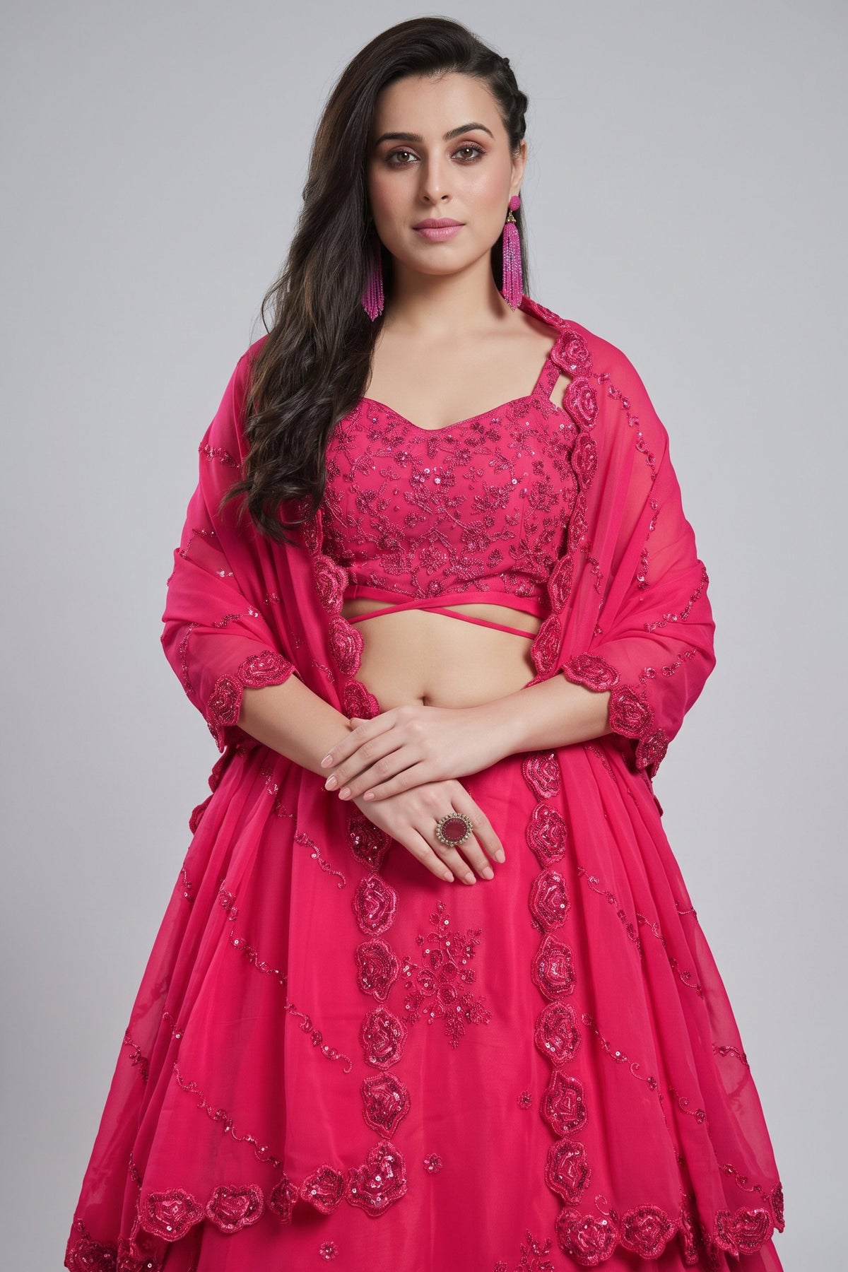 Bright Pink Georgette Embroidered Lehenga Choli with Sequins & Dori Work