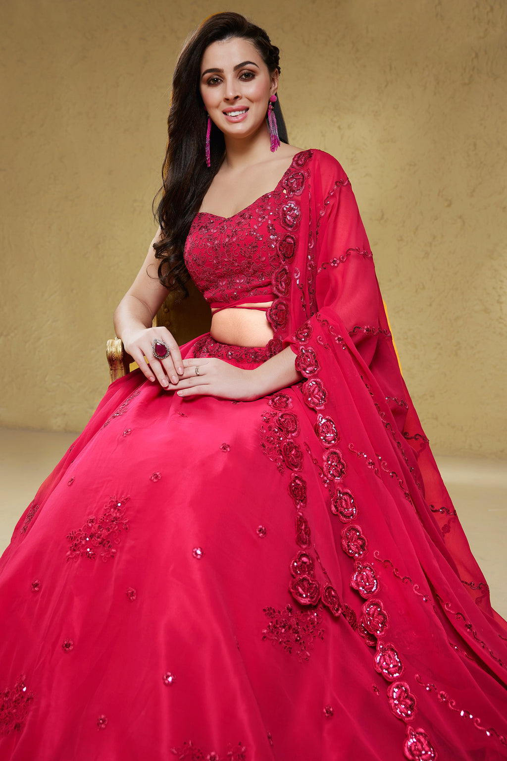 Bright Pink Georgette Embroidered Lehenga Choli with Sequins & Dori Work