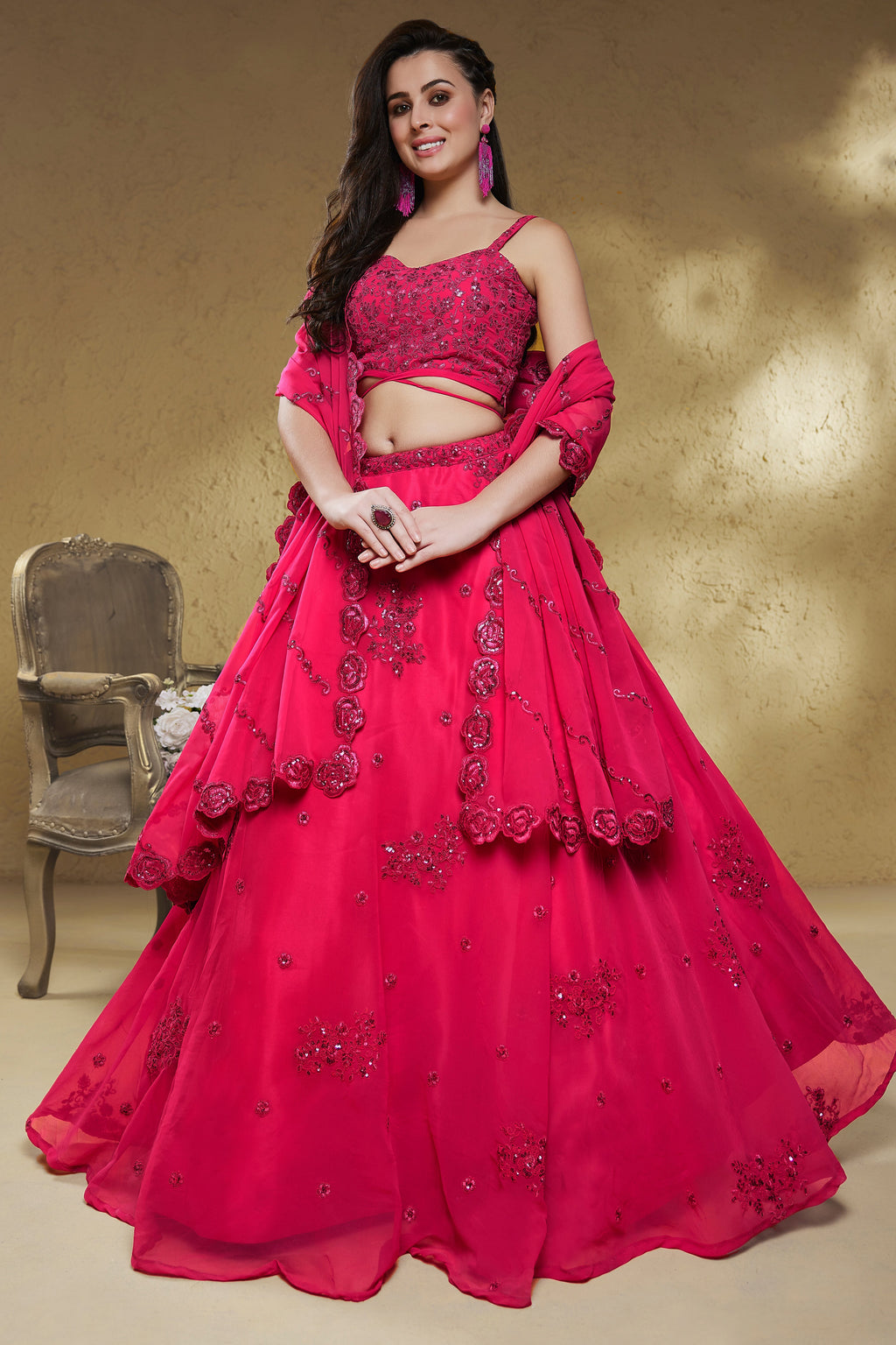 Bright Pink Georgette Embroidered Lehenga Choli with Sequins & Dori Work