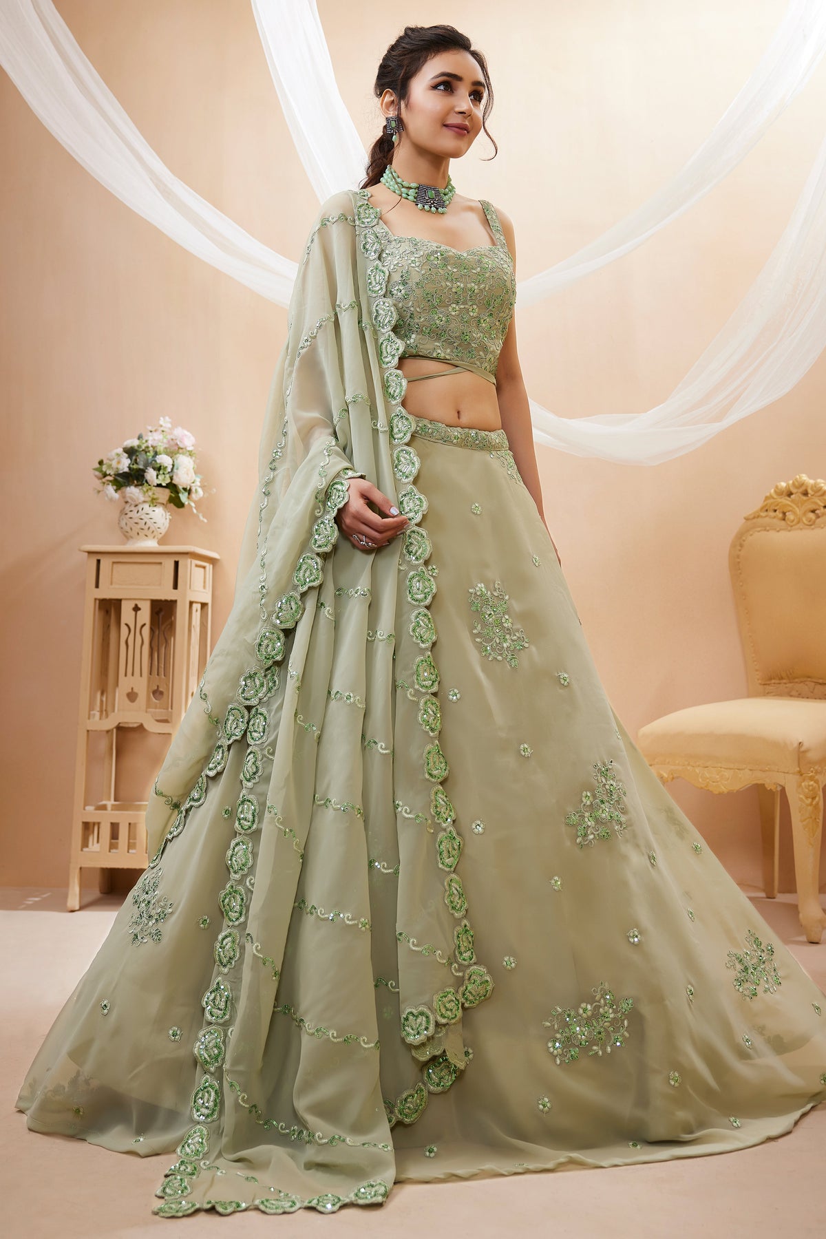 Pista Green Georgette Lehenga Choli with Sequined Work