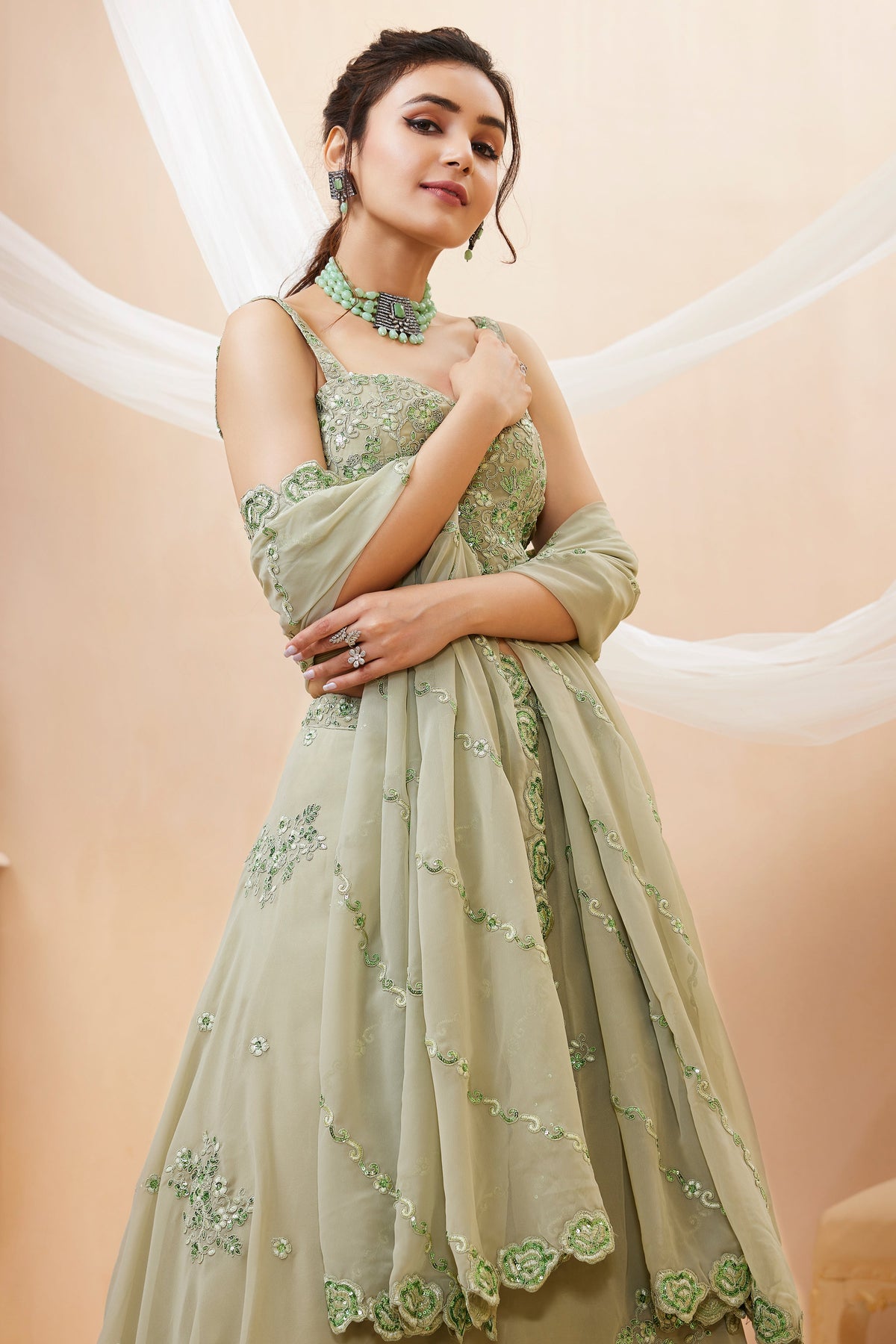 Pista Green Georgette Lehenga Choli with Sequined Work