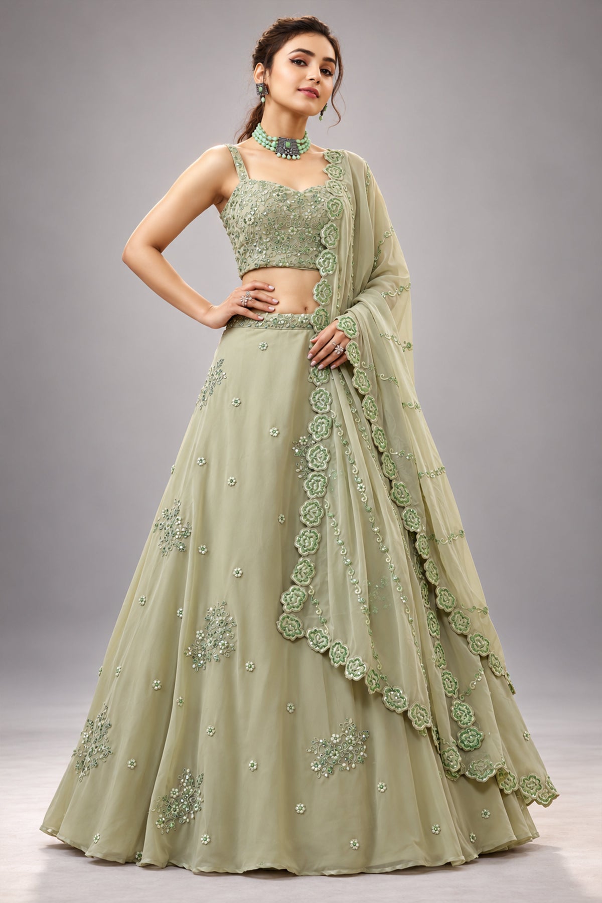 Pista Green Georgette Lehenga Choli with Sequined Work