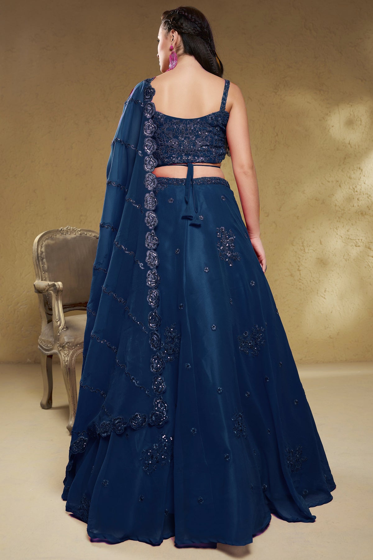 Deep Navy Blue Georgette Lehenga Choli highlighted with Intricate Zari & Sequins Accent