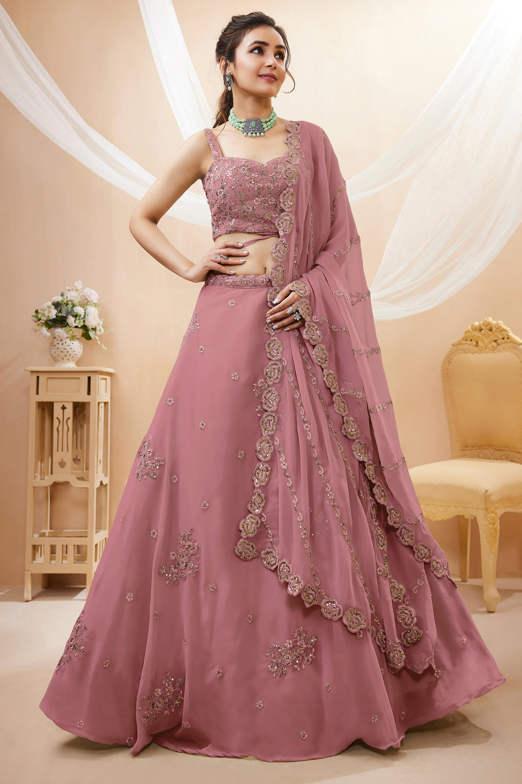 Peach Georgette Lehenga Choli featuring Intricate Zari, Sequins & Dori Work
