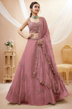 Peach Georgette Lehenga Choli featuring Intricate Zari, Sequins & Dori Work