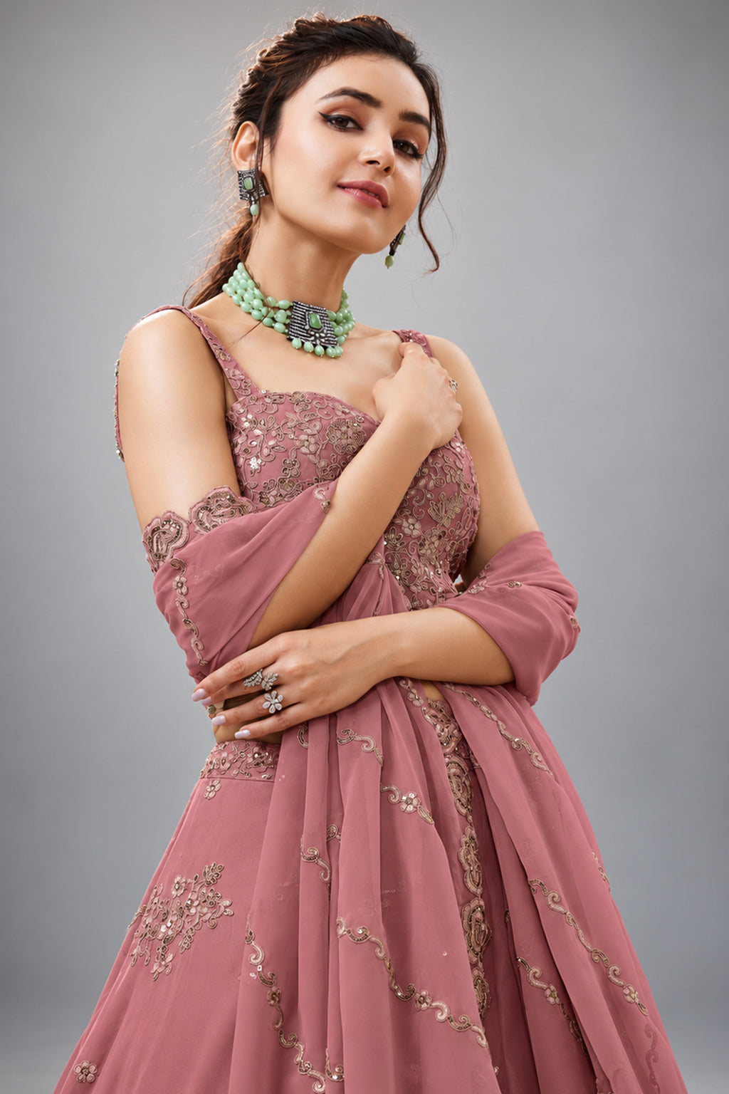Peach Georgette Lehenga Choli featuring Intricate Zari, Sequins & Dori Work