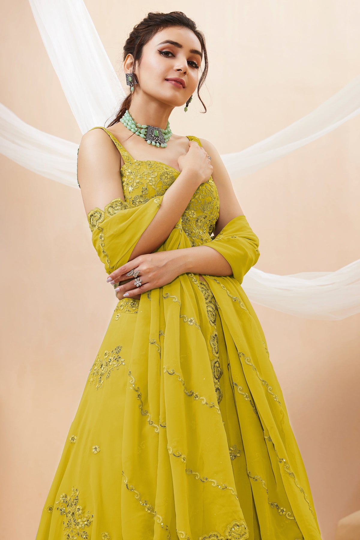 Yellow Georgette Embroidered Lehenga Choli with Sequined Dori Work