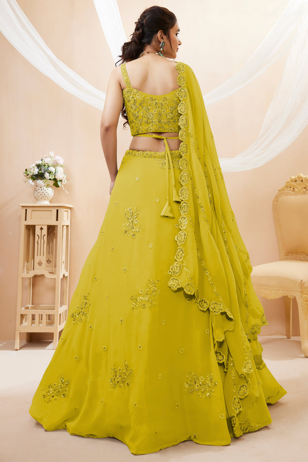 Yellow Georgette Embroidered Lehenga Choli with Sequined Dori Work