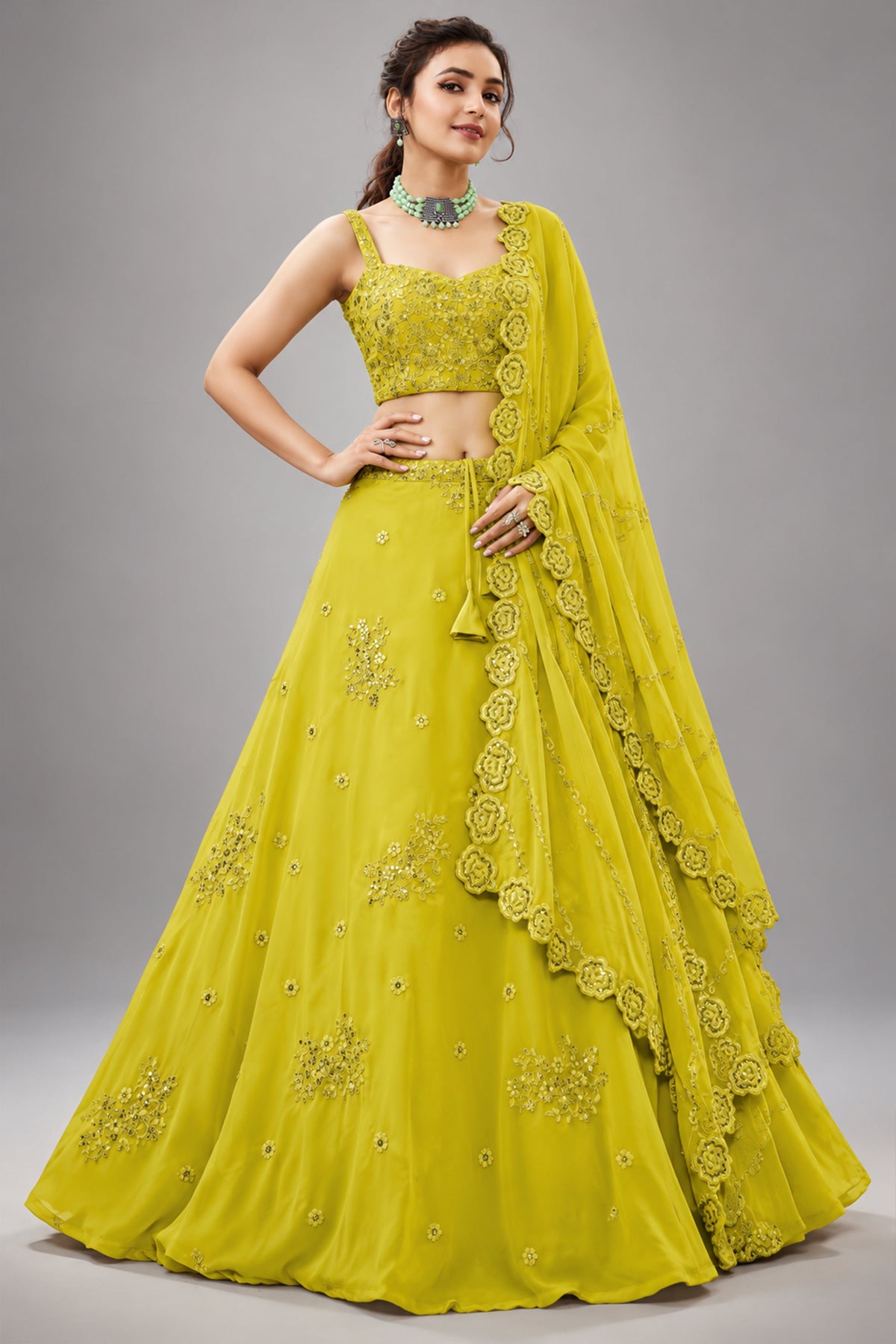 Yellow Georgette Embroidered Lehenga Choli with Sequined Dori Work