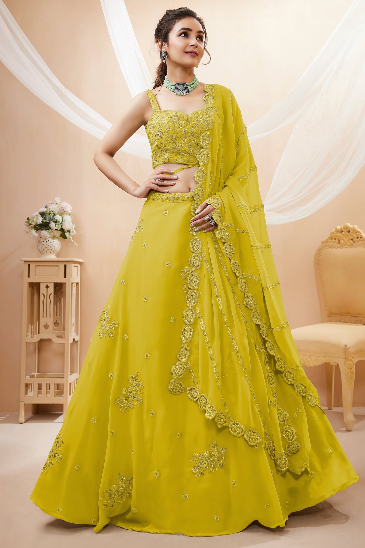 Yellow Georgette Embroidered Lehenga Choli with Sequined Dori Work