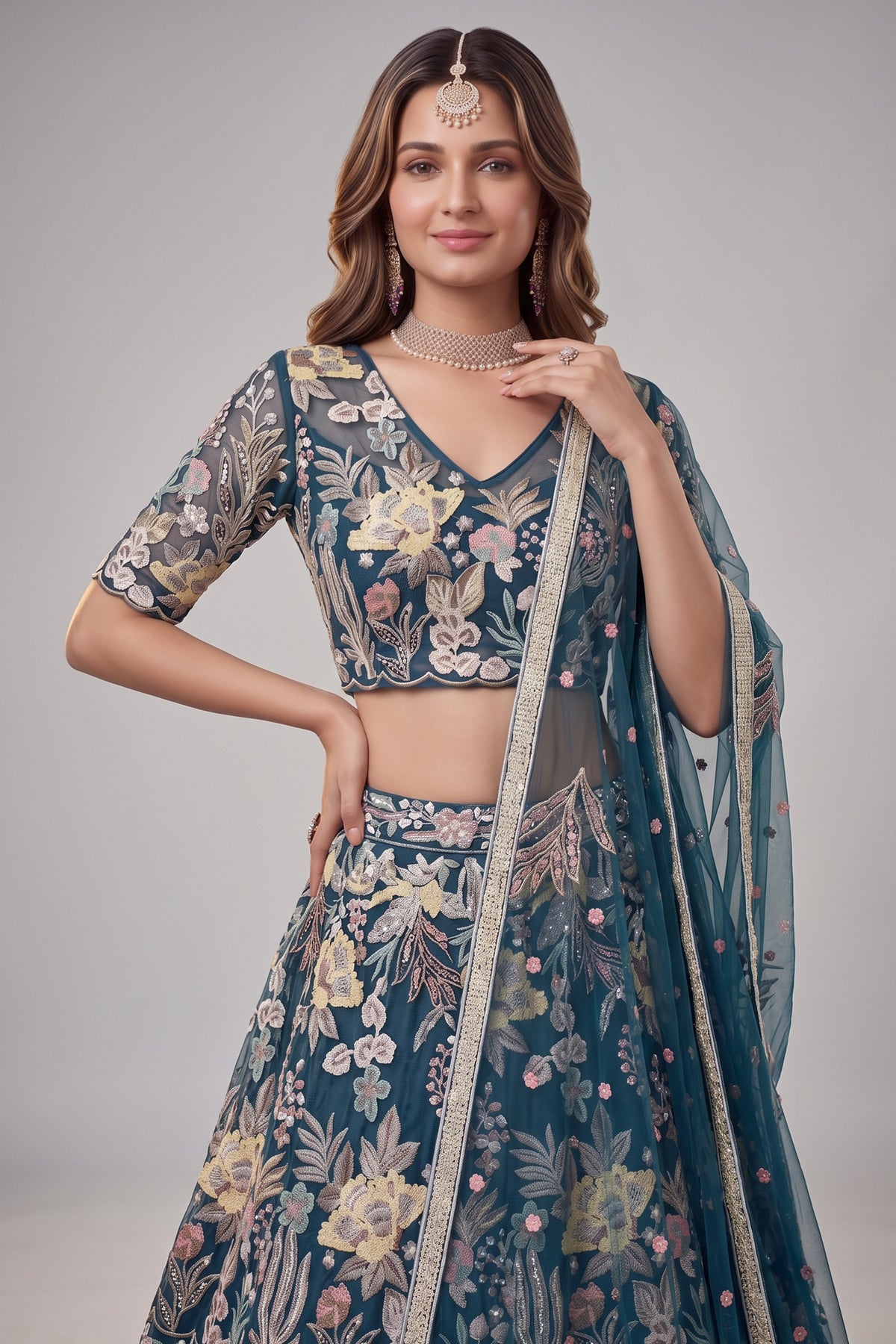 Deep Peacock Blue Soft Net Lehenga Choli with Multi-Color Thread & Sequins Embroidery