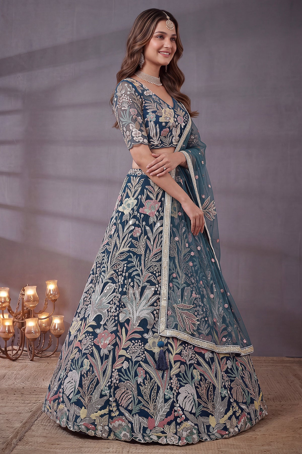 Deep Peacock Blue Soft Net Lehenga Choli with Multi-Color Thread & Sequins Embroidery