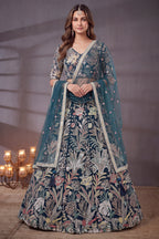 Deep Peacock Blue Soft Net Lehenga Choli with Multi-Color Thread & Sequins Embroidery