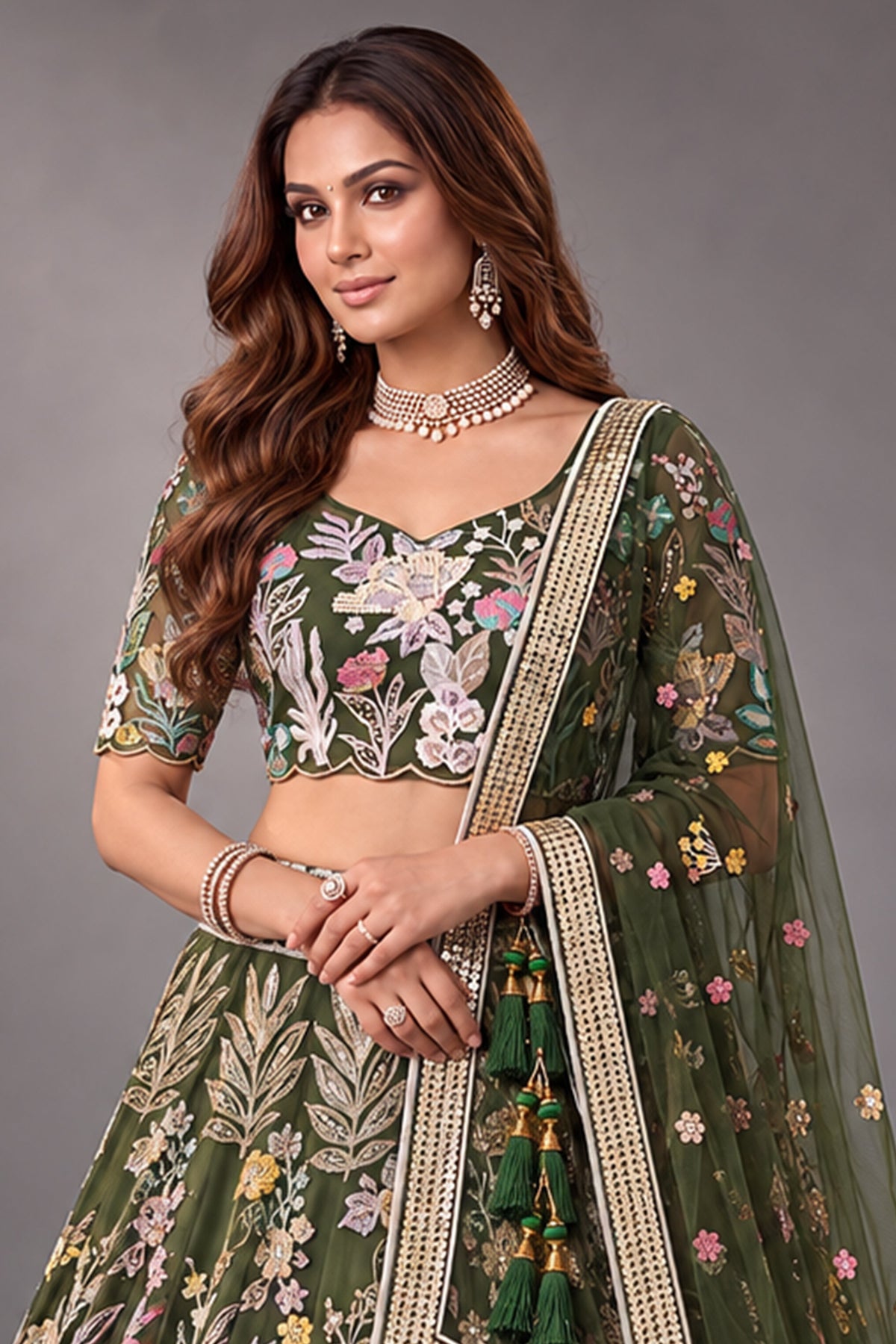 Forest Green Soft Net Lehenga Choli with Thread Floral Embroidery & Sequins