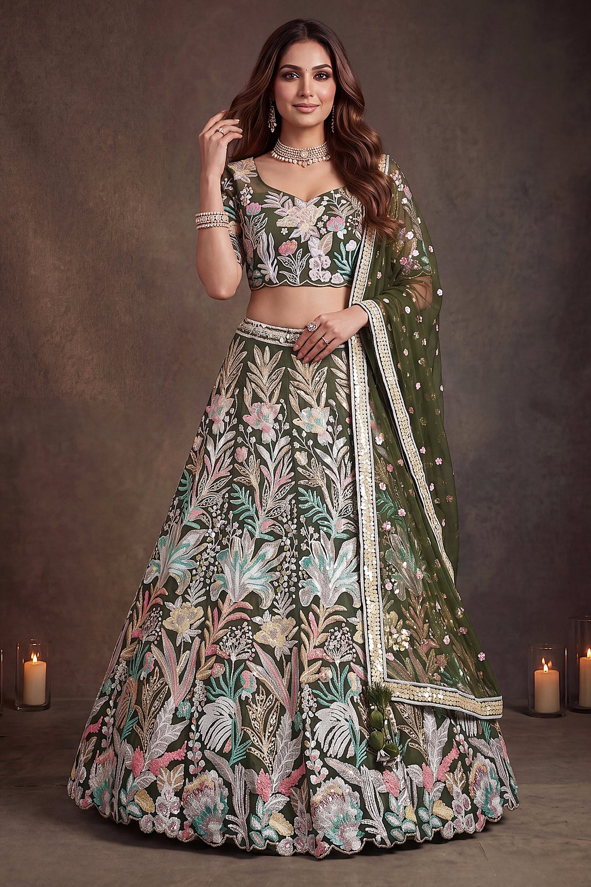 Forest Green Soft Net Lehenga Choli with Thread Floral Embroidery & Sequins