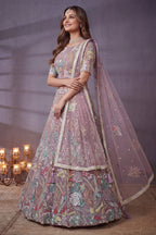Soft Lilac Net Lehenga Choli with Pastel Floral Thread Work & Sequins Accent