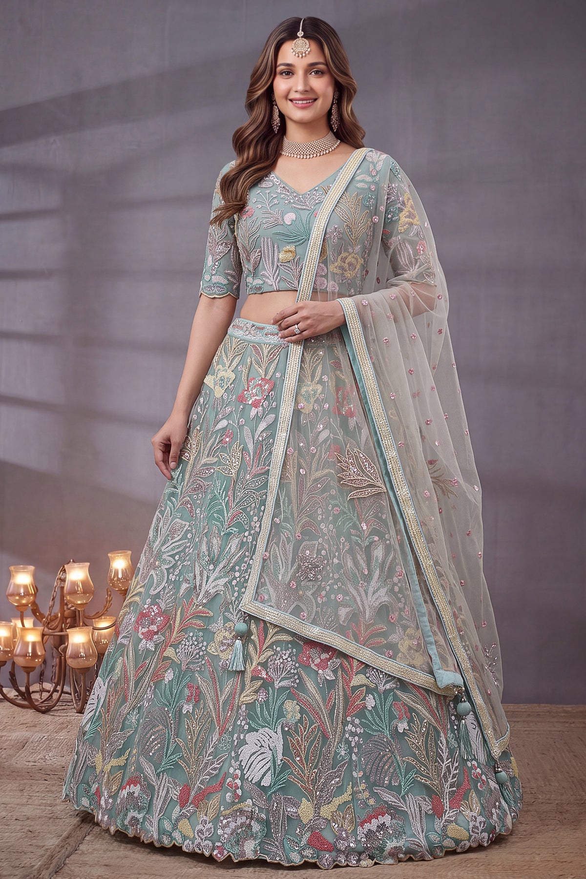 Ice Sky Blue Soft Net Lehenga Choli highlighted with Multi-Color Botanical Embroidery