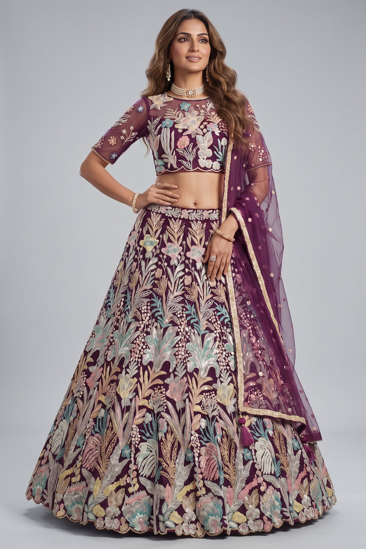 Deep Wine Soft Net Thread & Sequins Embroidered Lehenga Choli