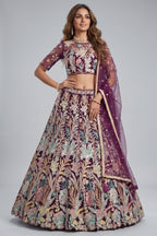 Deep Wine Soft Net Thread & Sequins Embroidered Lehenga Choli