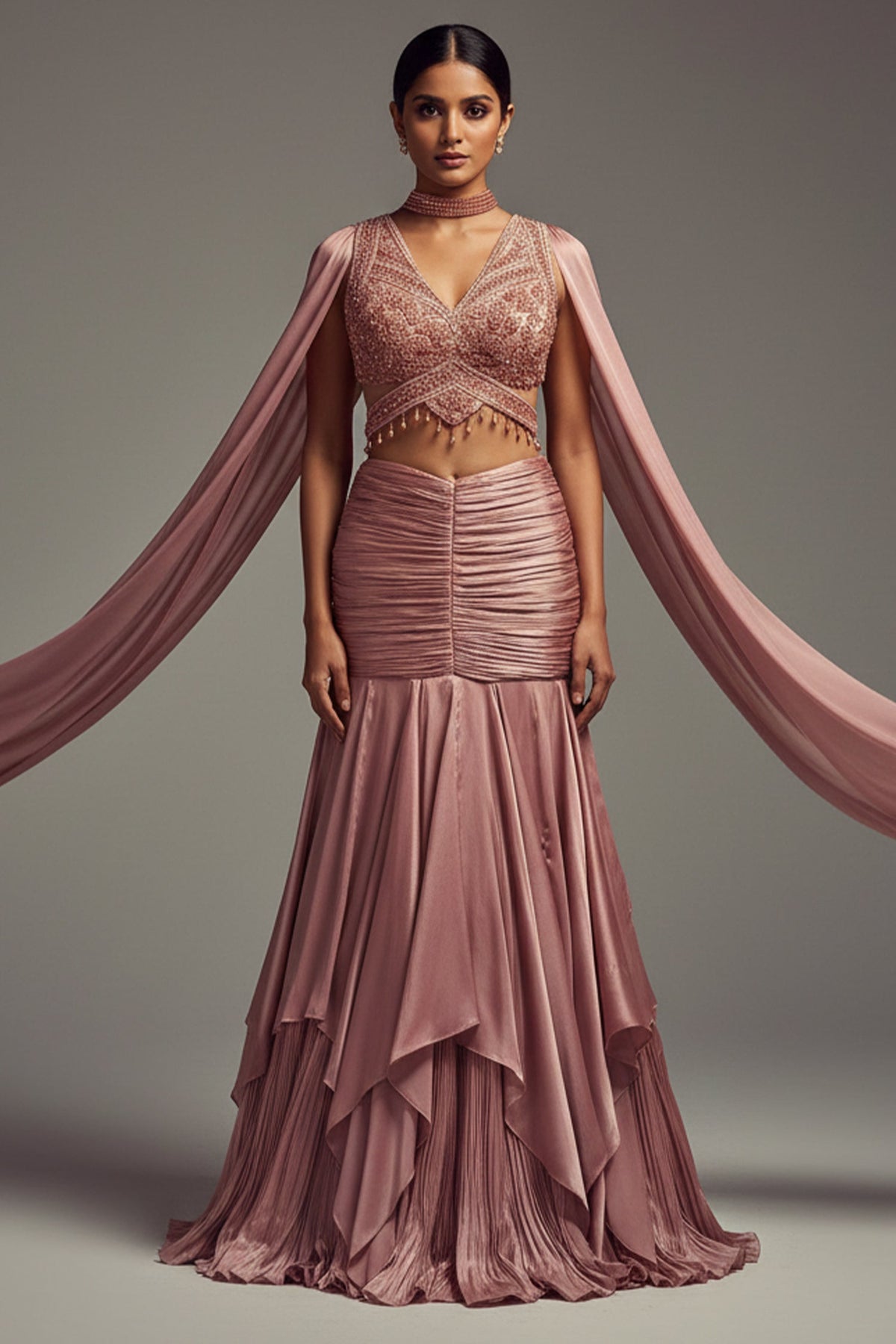 Radiant Blush Fish-Cut Lehenga with Crystal Embellished Choli