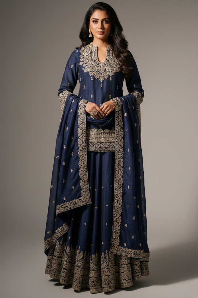 Blue Raw Silk Sequin Embroidered Palazzo Suit
