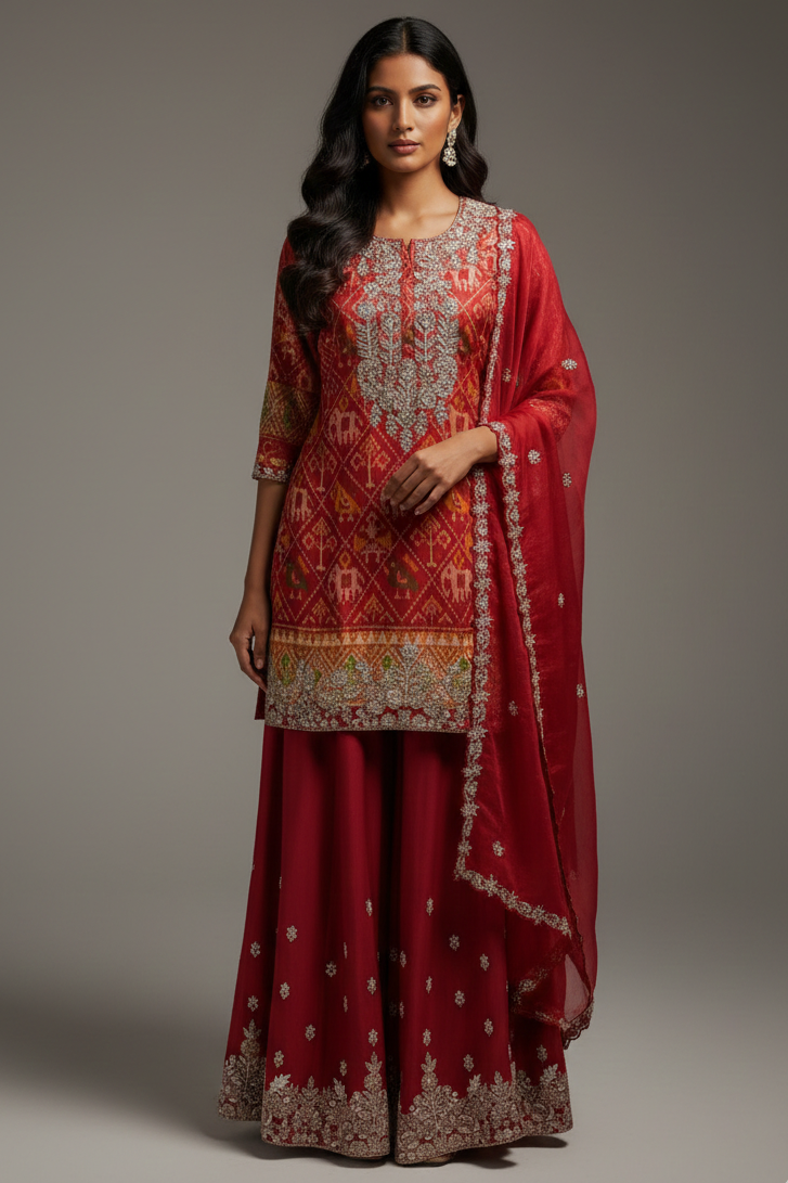 Red Silk Patola Printed Palazzo Suit with Sequin and Beads Work