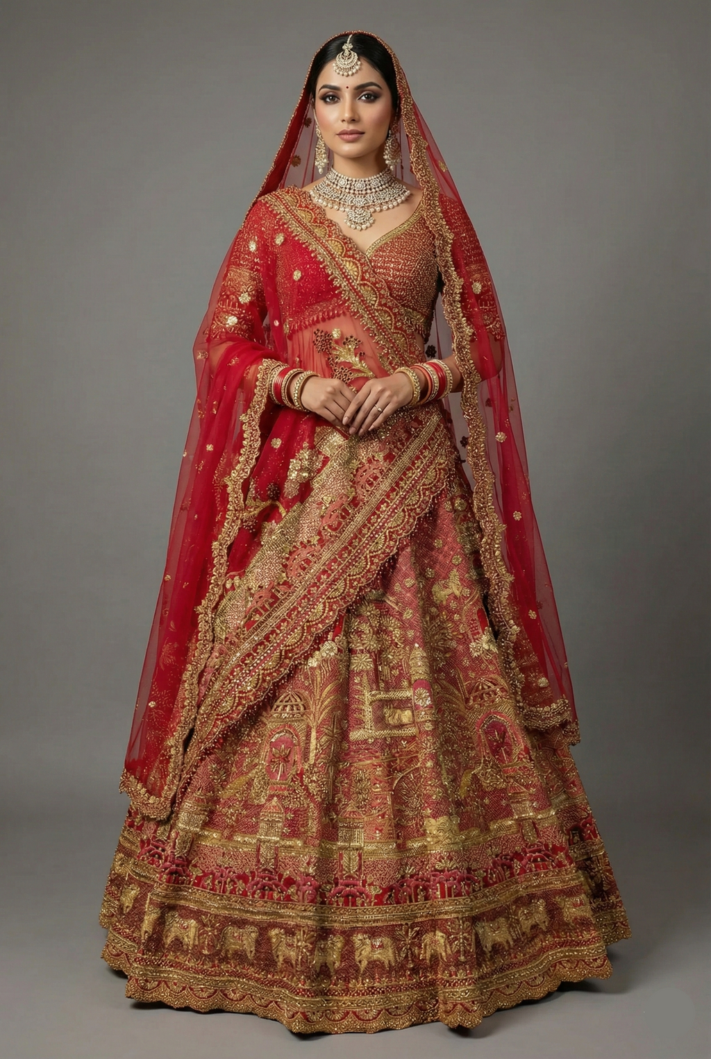 Red Matka Silk Designer Bridal Lehenga with Double Dupatta