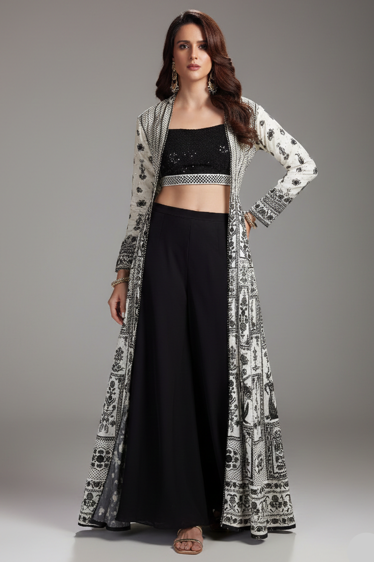 Black Georgette Sequin Beaded Crop Top Palazzo Set with Printed Jacket