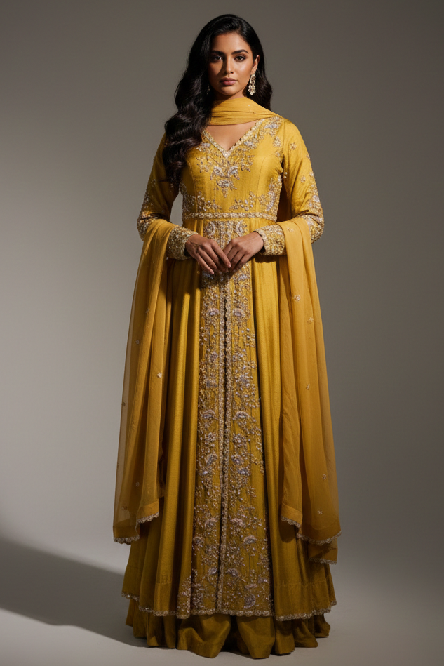 Yellow Raw Silk V Neckline Slit Cut Palazzo Suit with Sequins Work