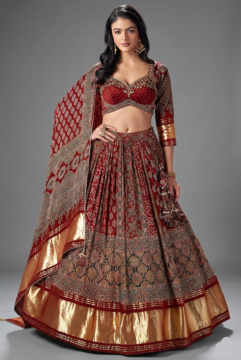 Maroon Gaji Silk Ajrakh Printed Lehenga