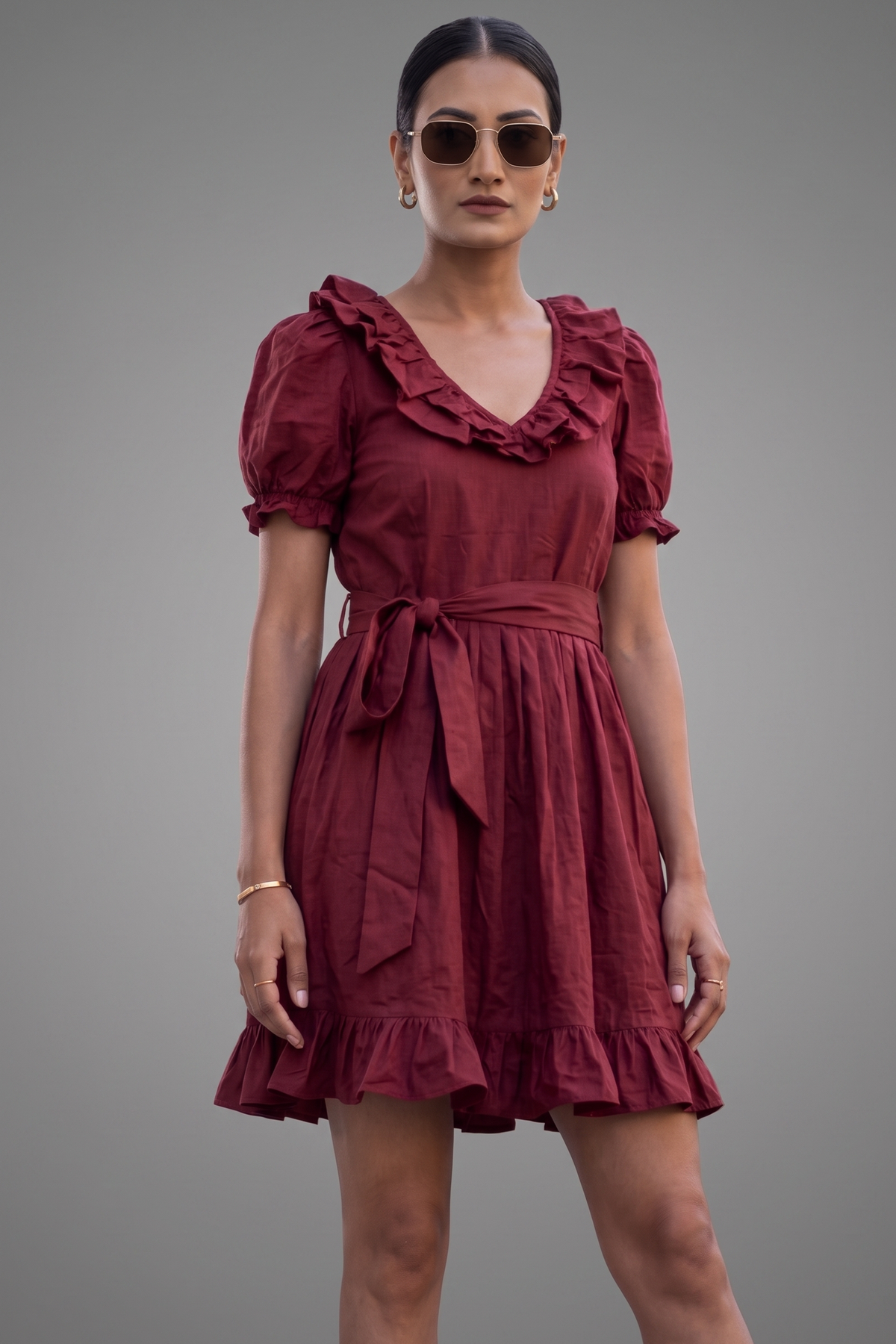 Maroon Cotton Puff Sleeved Peter Pan Collar Fit-and-Flare Mini Dress