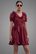 Maroon Cotton Puff Sleeved Peter Pan Collar Fit-and-Flare Mini Dress