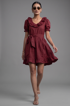 Maroon Cotton Puff Sleeved Peter Pan Collar Fit-and-Flare Mini Dress