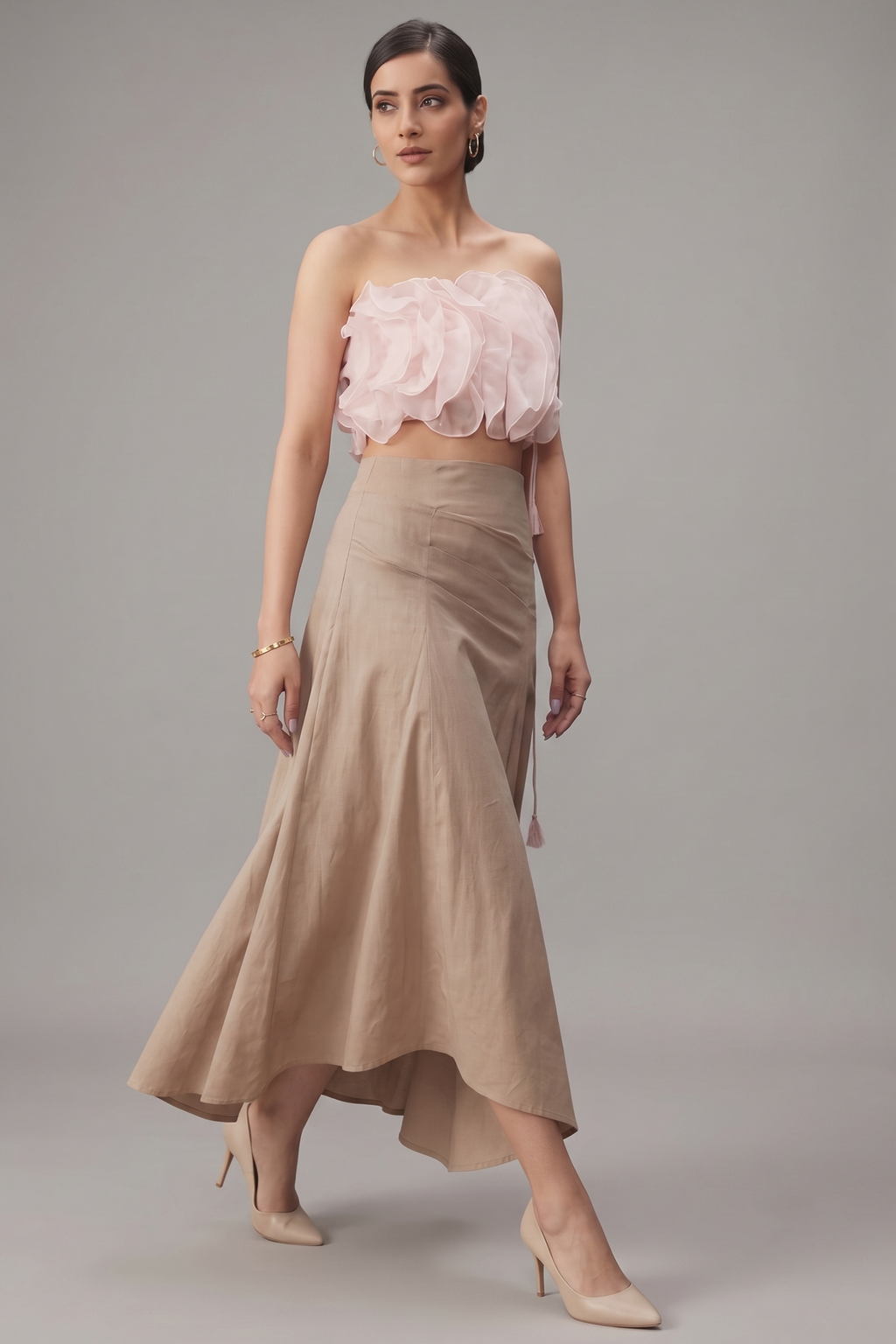 Light Peach Net 3D Floral Off Shoulder Crop Top with Asymmetrical Skirt